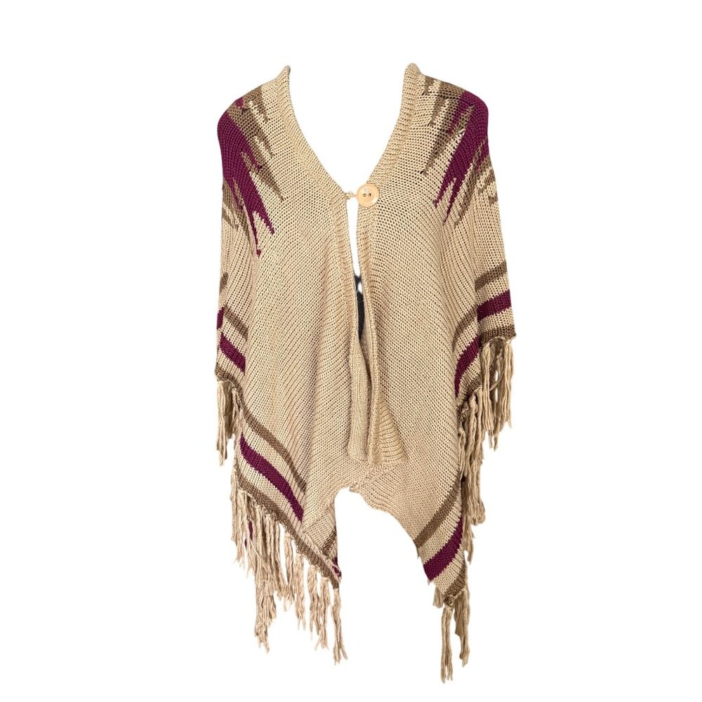 Beige Knit Fringe Poncho With Wooden Button Closure & Burgundy Stripes By Lovely